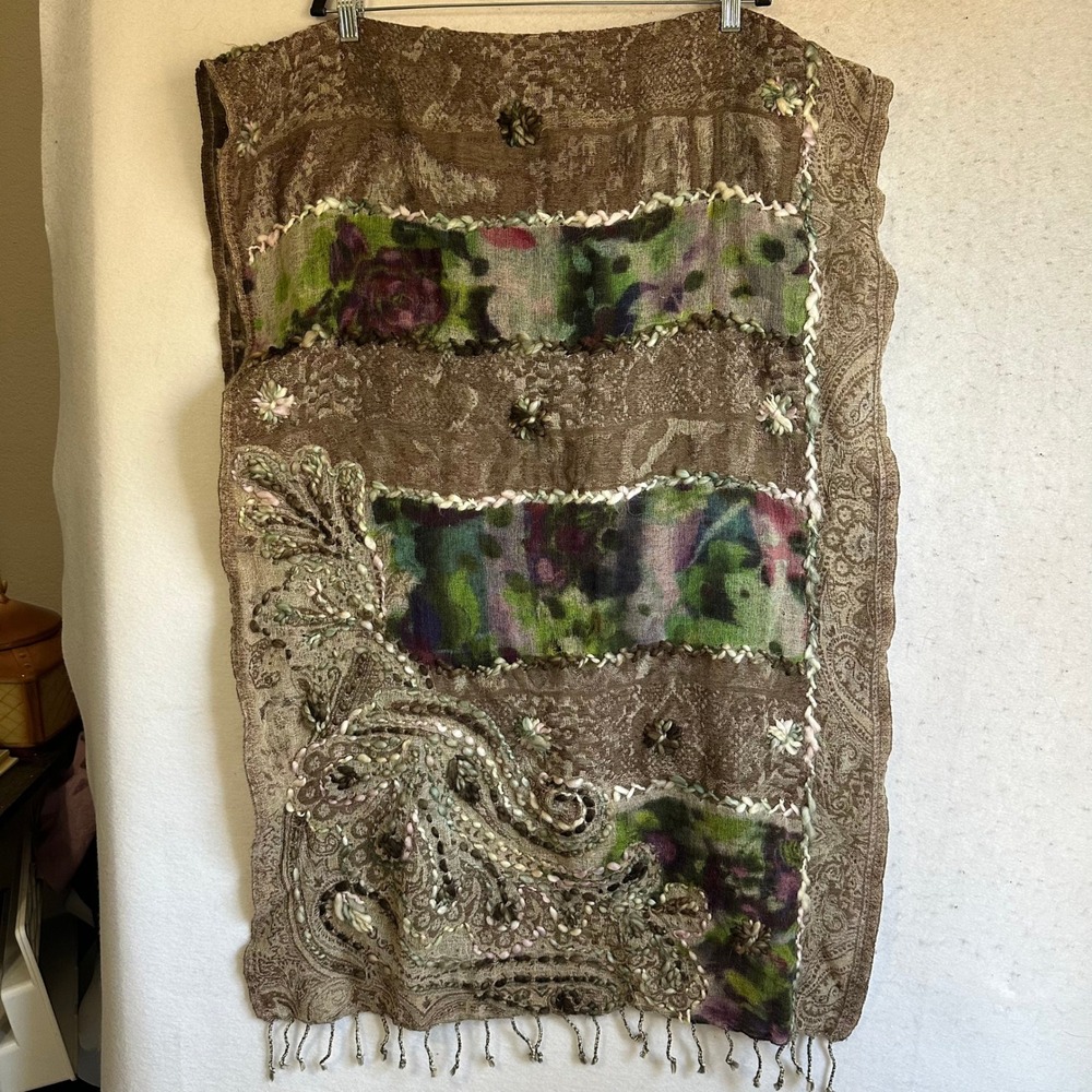 Aziza by BIZ Brown Paisley Embroidered Shawl Wrap Floral Fringe Boho 25x78